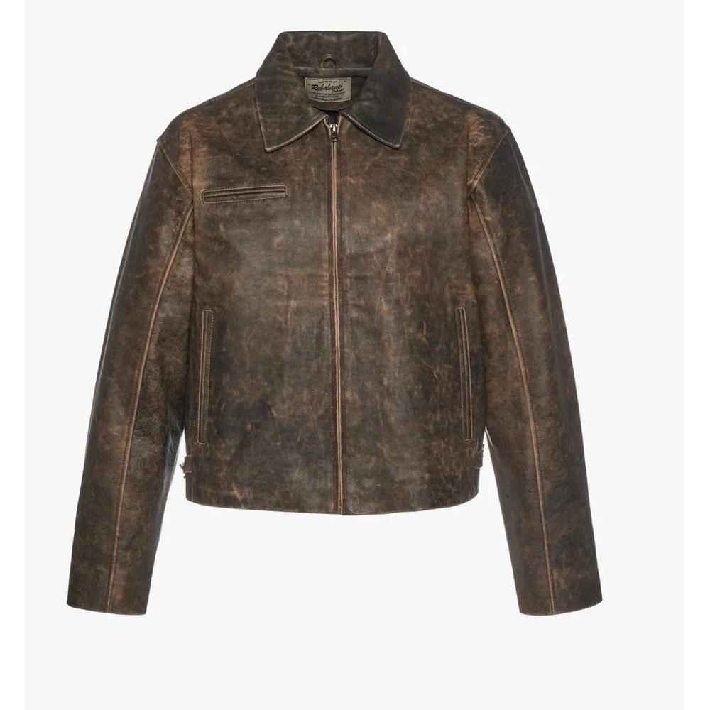 Rebalance Vintage Distressed Brown Leather Jacket Full Zip Cropped Boxy Mens L